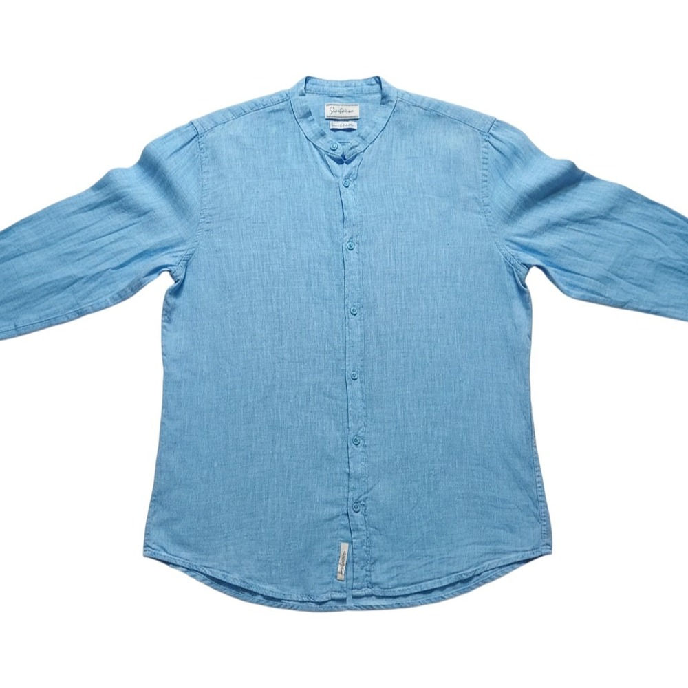 Santorini Womens L Linen Top Blue Mandarin Collar Long Sleeve Coastal Capsule